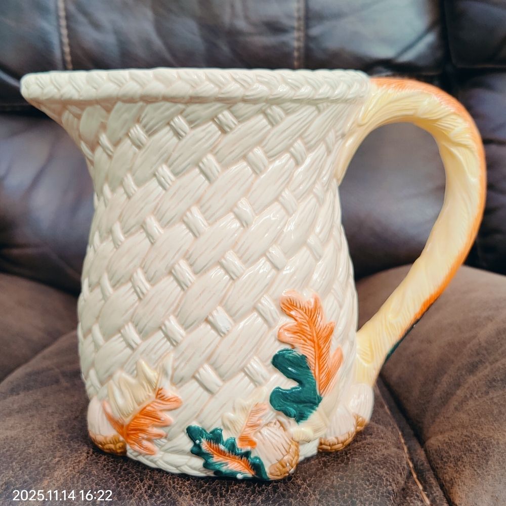 Woven Texture Ceramic Pitcher with Leaf Design